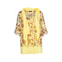 Yellow floral tunic for women with a layered hem, 3/4 sleeves, and a matching lightweight scarf. Perfect for casual wear, spring outfits, and elegant layering.