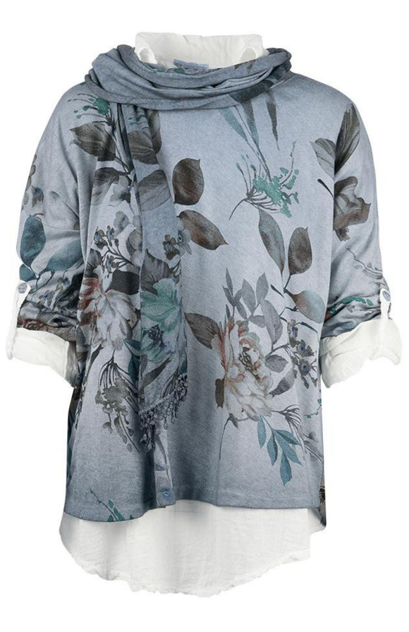 Layered Floral 3-Piece Blouse with Scarf Plus Size