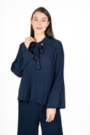 WOMEN'S WOVEN LONG SLEEVE TOP, WITH MOCC-NECKLINE, A SELF-TIE BOW DETAIL AT COLLAR, A BELL-SHAPED HEMLINE AND PLEATED DETAILING
