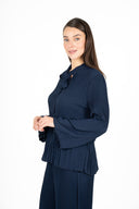 WOMEN'S WOVEN LONG SLEEVE TOP, WITH MOCC-NECKLINE, A SELF-TIE BOW DETAIL AT COLLAR, A BELL-SHAPED HEMLINE AND PLEATED DETAILING