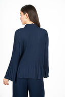 WOMEN'S WOVEN LONG SLEEVE TOP, WITH MOCC-NECKLINE, A SELF-TIE BOW DETAIL AT COLLAR, A BELL-SHAPED HEMLINE AND PLEATED DETAILING