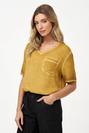 Women's Woven V-Neck Top, Elbow-Length Sleeves & Chest Patch Pocket