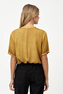 Women's Woven V-Neck Top, Elbow-Length Sleeves & Chest Patch Pocket