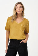 Women's Woven V-Neck Top, Elbow-Length Sleeves & Chest Patch Pocket