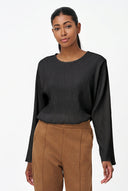 Women's Textured Crew-Neck Top, Long Sleeves & Buttoned Keyhole Back