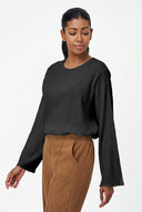 Women's Textured Crew-Neck Top, Long Sleeves & Buttoned Keyhole Back