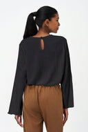 Women's Textured Crew-Neck Top, Long Sleeves & Buttoned Keyhole Back