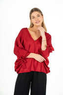 WOMEN'S WOVEN DELICATELY OVERSIZED V-NECK BAT-WING LONG SLEEVE TOP, WITH SELF-TIE RIBBONS AT SLEEVE CUFFS