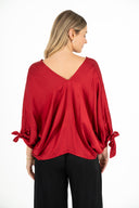 WOMEN'S WOVEN DELICATELY OVERSIZED V-NECK BAT-WING LONG SLEEVE TOP, WITH SELF-TIE RIBBONS AT SLEEVE CUFFS