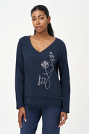 Women's Placement-Print V-Neck Top, Long Sleeves & Uneven Hem