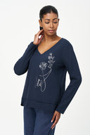 Women's Placement-Print V-Neck Top, Long Sleeves & Uneven Hem
