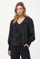 Women's Woven V-Neck Top, Ruffled Collar & Long Smocked-Cuff Sleeves