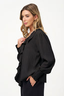 Women's Woven V-Neck Top, Ruffled Collar & Long Smocked-Cuff Sleeves