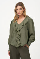 Women's Woven V-Neck Top, Ruffled Collar & Long Smocked-Cuff Sleeves