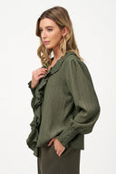Women's Woven V-Neck Top, Ruffled Collar & Long Smocked-Cuff Sleeves