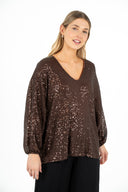 WOMEN'S KNIT V-NECKLINE SEQUIN TOP, WITH SET-IN LONG SLEEVES