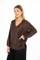 WOMEN'S KNIT V-NECKLINE SEQUIN TOP, WITH SET-IN LONG SLEEVES