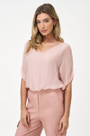 Women's Woven V-Neck Top with Elbow-Length Sleeves