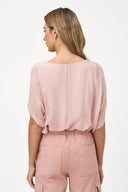 Women's Woven V-Neck Top with Elbow-Length Sleeves