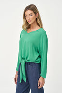 Women's Woven V-Neck Top with Long Sleeves & Front Tie Hem