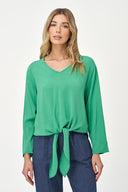Women's Woven V-Neck Top with Long Sleeves & Front Tie Hem
