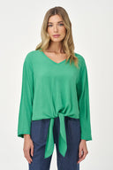 Women's Woven V-Neck Top with Long Sleeves & Front Tie Hem