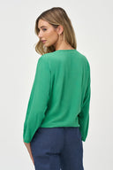 Women's Woven V-Neck Top with Long Sleeves & Front Tie Hem