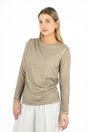 WOMEN'S KNIT CREW-NECK LONG SLEEVE TOP, WITH SET-IN SLEEVES, GATHERING AT SHOULDER AND AT THE SIDE SEAM
