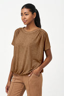 Women's Knit Crew-Neck Top, Short Sleeves, Ruched Shoulders & Waist
