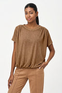 Women's Knit Crew-Neck Top, Short Sleeves, Ruched Shoulders & Waist