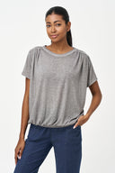 Women's Knit Crew-Neck Top, Short Sleeves, Ruched Shoulders & Waist