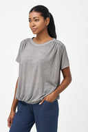 Women's Knit Crew-Neck Top, Short Sleeves, Ruched Shoulders & Waist