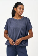 Women's Knit Crew-Neck Top, Short Sleeves, Ruched Shoulders & Waist