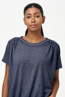 Women's Knit Crew-Neck Top, Short Sleeves, Ruched Shoulders & Waist