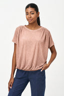 Women's Knit Crew-Neck Top, Short Sleeves, Ruched Shoulders & Waist