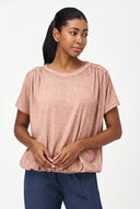 Women's Knit Crew-Neck Top, Short Sleeves, Ruched Shoulders & Waist