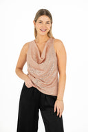 WOMEN'S KNIT COWL-NECK SLEEVELESS SEQUIN TOP