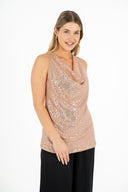 WOMEN'S KNIT COWL-NECK SLEEVELESS SEQUIN TOP