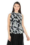 WOMEN'S WOVEN SLEEVELESS CREW-NECK PRINTED TOP, WITH GATHERED RUFFLES  AT COLLAR