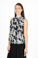 WOMEN'S WOVEN SLEEVELESS CREW-NECK PRINTED TOP, WITH GATHERED RUFFLES  AT COLLAR