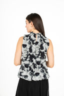 WOMEN'S WOVEN SLEEVELESS CREW-NECK PRINTED TOP, WITH GATHERED RUFFLES  AT COLLAR