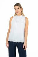 WOMEN'S WOVEN SLEEVELESS CREW-NECK TOP, WITH GATHERED RUFFLES  AT COLLAR