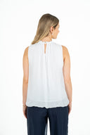 WOMEN'S WOVEN SLEEVELESS CREW-NECK TOP, WITH GATHERED RUFFLES  AT COLLAR