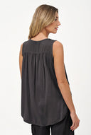 Women's Woven Sleeveless V-Neck Top with Gathered Yoke Details