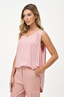 Women's Woven Sleeveless V-Neck Top with Gathered Yoke Details
