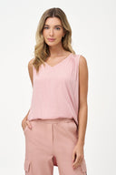 Women's Woven Sleeveless V-Neck Top with Gathered Yoke Details
