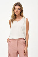 Women's Woven Sleeveless V-Neck Top with Gathered Yoke Details