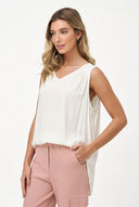 Women's Woven Sleeveless V-Neck Top with Gathered Yoke Details