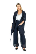 WOMEN'S WOVEN CARDIGAN, WITH SET-IN ROLLED SLEEVES, PATCH POCKETS AT THE HIPS AND DRAW CORDS AT THE COLLAR AND HEMLINE FOR ADJUSTABILITY  