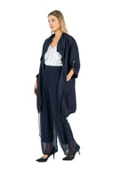 WOMEN'S WOVEN CARDIGAN, WITH SET-IN ROLLED SLEEVES, PATCH POCKETS AT THE HIPS AND DRAW CORDS AT THE COLLAR AND HEMLINE FOR ADJUSTABILITY  